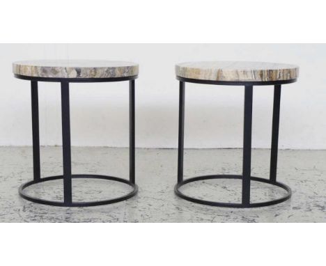 Pair of marble top lamp tables with metal bases, 50cm diameter, 54cm high approx