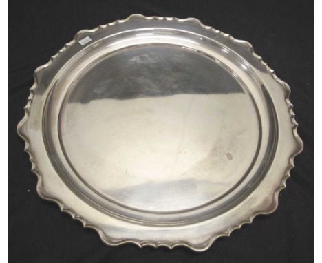 Vintage silver plate serving salver circular serving salver, with decorative scalloped border, (diameter 41cm approx).