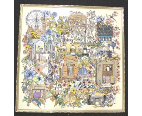 Salvatore Ferragamo framed silk scarf decorated with world monuments, 90cm X 91cm approx (in frame)