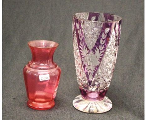 Vintage Venetian glass table vase etched glass blossom decoration, to cut crystal table vase, (height 19cm approx); together 