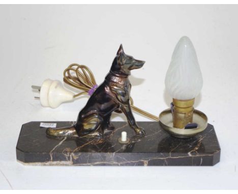 Art Deco style patented dog lamp on a marble base, width 24cm approx