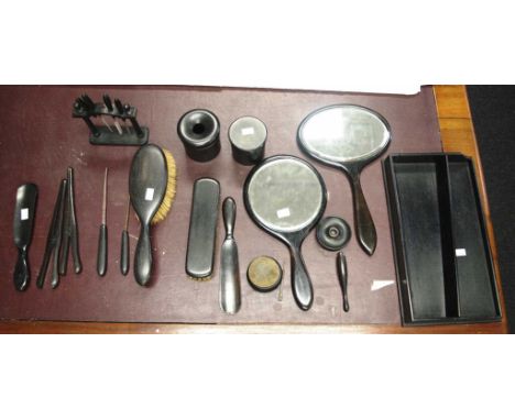Extensive early lady's ebony dressing table pieces extensive group of vintage ebony handle dressing table pieces, including: 