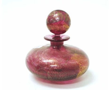 Isle of Wight decorated ruby glass scent bottle with integrated gold decoration to ruby glass bottle and decorated stopper, m