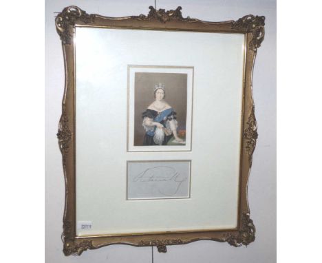 Original Queen Victoria signature a fountain pen signature, "Victoria R.,” on an off-white paper (9cm x 5.5cm) mounted in a l