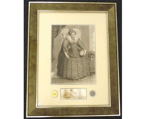 Original Queen Elizabeth I hand signed signature on an off-white 12.5cm x 5cm (approx) sheet clipped from a document, mounted