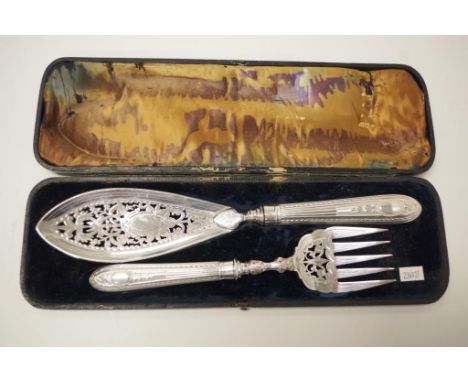 Cased silver plate fish server &amp; fork well decorated silver plate fish server and matching fork, each with engraved and p