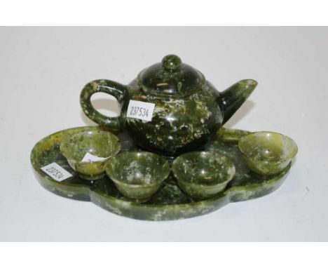 Spinach jade Chinese teaset comprising tray, teapot and 4 cups