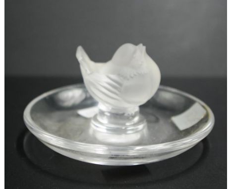 Lalique France glass bird ring dish circular dish with frosted bird decoration. Inscribed to base, height 6cms approx.
