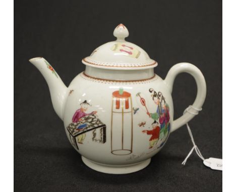 Antique Dr Wall Worcester teapot C:1770 painted Chinoiserie figural decoration, British Antique Dealers Association stamp to 