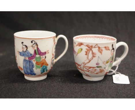 Two antique Dr Wall Worcester coffee cups each with painted Chinoiserie figural decoration.