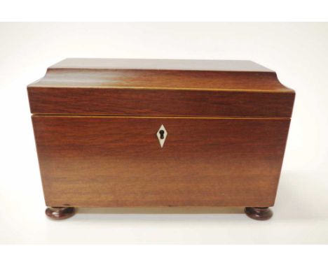 George III caddy of Australian casuarina Ring side handles,flat bun feet,matching interior canisters and with ebony and satin