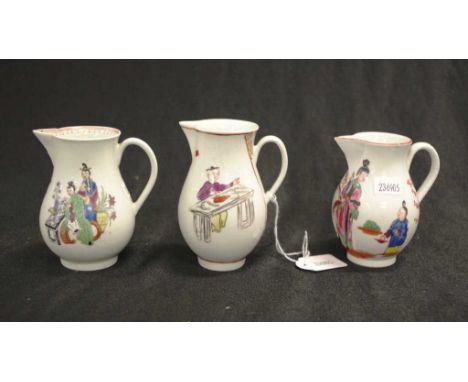 Three Dr Wall Worcester sparrow beak jugs C:1770 each with painted Chinoiserie figural decoration, (height 10cm approx, avera