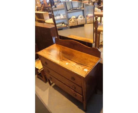 Antique oak three long drawer dressing table with large dome mirror back, 99 x 43 cm 
