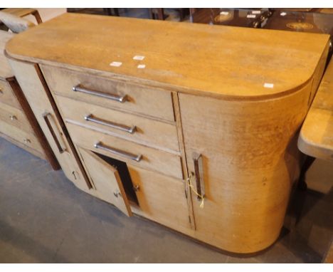 Art Deco light oak sideboard from Bowman Bros Camden Town London, with keys and label to back, L: 137 cm, W: 51 cm, H: 92 cm 