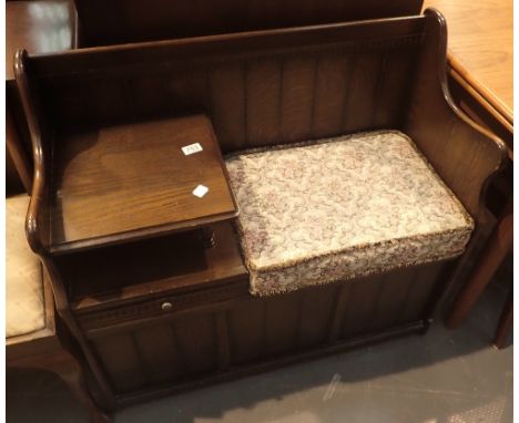 Vintage priory style oak telephone table with single drawer and lifting seat storage cupboard, L: 90 cm 