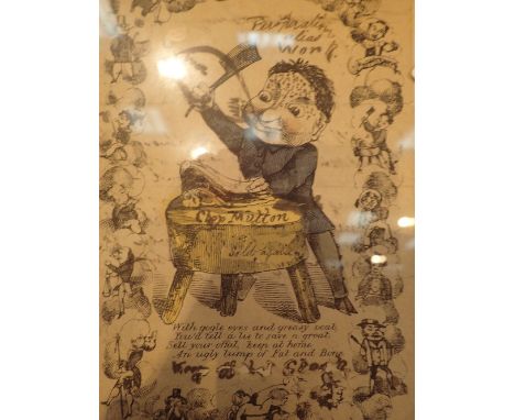 Antique framed and glazed humorous butcher print, 12 x 19 cm