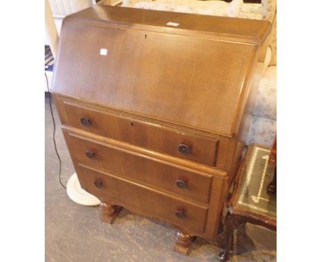 Vintage oak three drawer drop front bureau with fitted interior