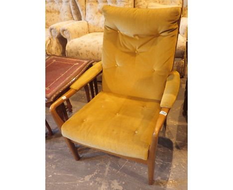 Beech framed vintage upholstered lounge armchair in mustard