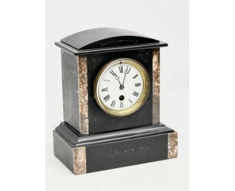 A Late 19th Century Victorian slate mantle clock. With key and pendulum. 21x12x25cm.