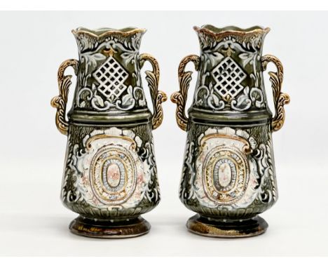 Alhambrian Pottery. A pair of Late 19th/Early 20th Century Art Nouveau Majolica vases. 26cm