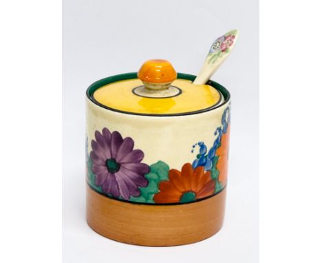 Clarice Cliff. A 1930’s “Gayday” jam pot with spoon. Designed by Clarice Cliff for Wilkinson LTD. Bizarre. 8x10cm