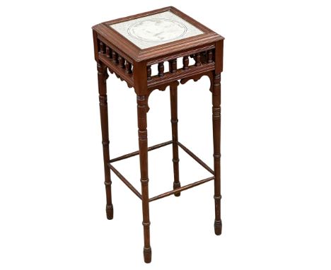 Mintons Tiles. A Late 19th Century Victorian mahogany plantstand, with Mintons Tile top. Circa 1890. 29.5x29.5x74cm.