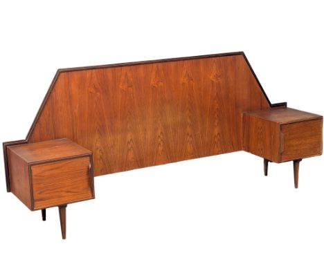 A Mid Century teak headboard. 223x99.5cm total. 140cm between bedsides.