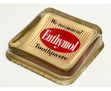 A vintage glass Euthymol advertising soap dish/ashtray. 16x16x5cm