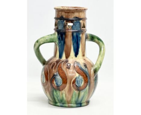 A large Early 20th Century Belgian Art Nouveau glazed, 2 handled pot. 21x29cm