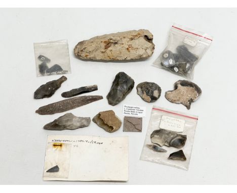 Mesolithic and Neolithic flint (15000-2000BC)  hand chisels and scrapers. Including a Neolithic arrowhead.