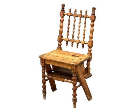 A Late 19th Century Victorian pine metamorphic library chair, with bobbin turn supports. Circa 1880. Metamorphic chair.