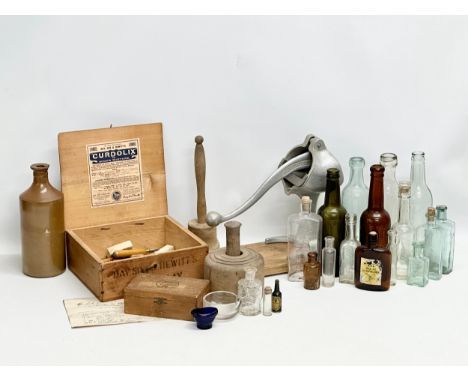A large sundry lot. Vintage kitchenware, vintage glass bottles, stoneware ink bottle etc
