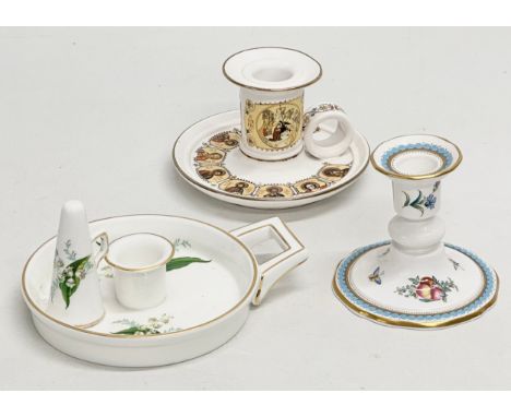 2 bone china chambersticks and a Spode bone china candlestick.