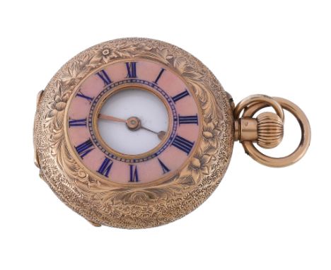  An 18 carat gold keyless wind half hunter fob watch,   no. 58796, Swiss lever movement, bimetallic split balance, overcoil b