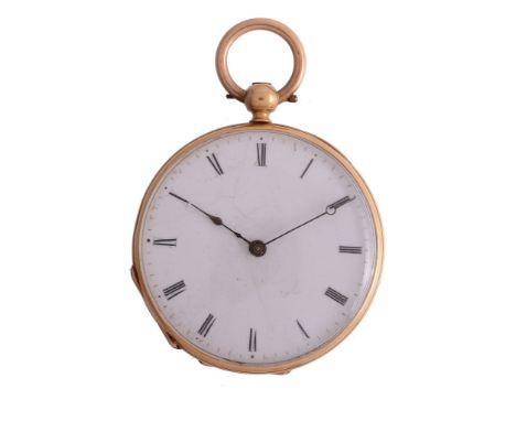  A Swiss 18 carat gold open face gold fob watch,   no. 2424, mark for Neuchatel 1820 - 1866, Swiss cylinder movement, three a