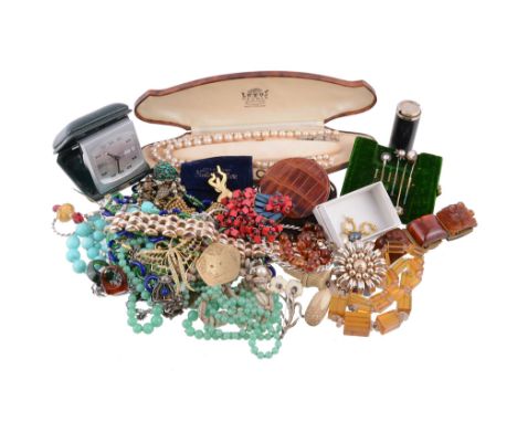  A collection of costume jewellery  , to include various brooches; necklaces; a travel clock; and various other items 