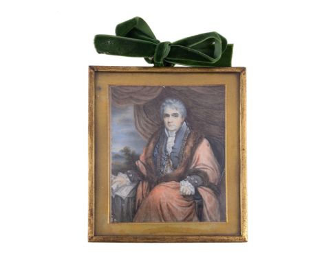 Ω English School (second quarter 19th century) Portrait of a Lord Mayor seated before drapery, a landscape beyond Watercolour