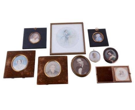 Ω A group of portrait miniatures, watercolours on ivory, photographic (some tinted), Continental porcelain and a colour print