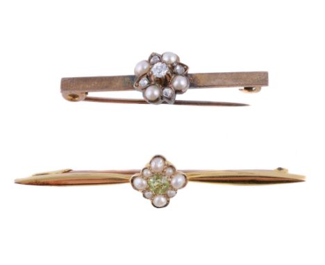  A Victorian diamond an half pearl cluster bar brooch,   the pearls with old and rose cut diamond accents, upon a later polis