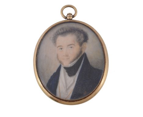 Ω English School, circa 1850 Portrait of a gentleman wearing a blue jacket, white waistcoat and a black stick Watercolour on 