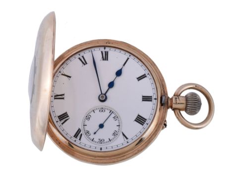  A 9 carat gold keyless wind half hunter pocket watch,   no. 664, hallmarked Birmingham 1913, three quarter plate movement, b