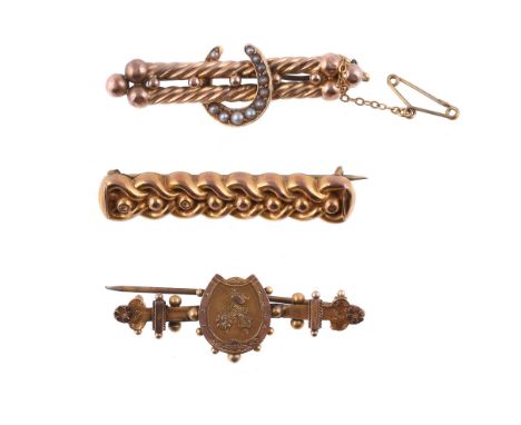  A seed pearl horseshoe bar brooch,   the horseshoe set with seed pearls, overlapping two ropetwist bars, 4.7cm wide; togethe