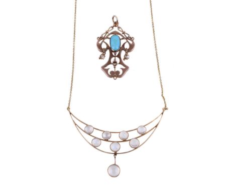  A moonstone necklace,   the openwork crescent panel set with circular cut moonstones, suspending a further circular cut moon