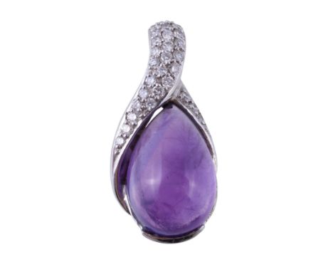  An amethyst and diamond pendant,   the pear shaped cabochon, set below a brilliant cut diamond set bale, approximately 0.44 