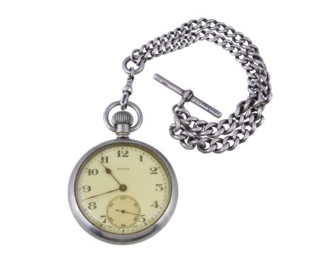 * Rolex, a military nickel keyless wind open face pocket watch, no. B 1299, circa 1940, three quarter plate movement, 15 jewe