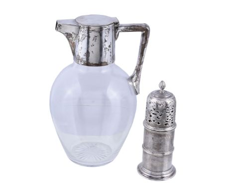  A late Victorian silver mounted baluster glass claret jug by Mappin  &  Webb,   Sheffield 1895, with a flat cover and an ang