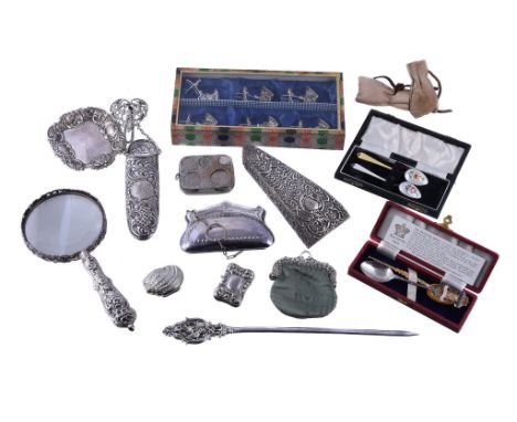  A collection of small silver and base metal wares,   including; a late Victorian silver mounted case for scissors by Levi  &