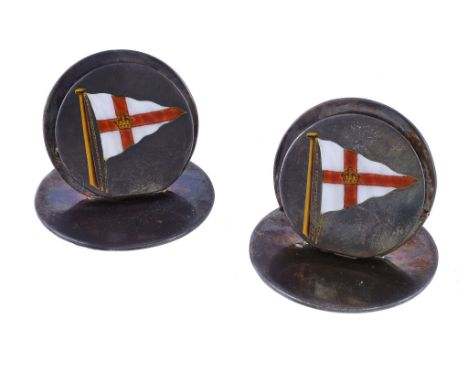  A pair of silver and enamel menu holders by Sampson Mordan  &  Co. Ltd,   Chester 1910, the circular panels set with enamel 