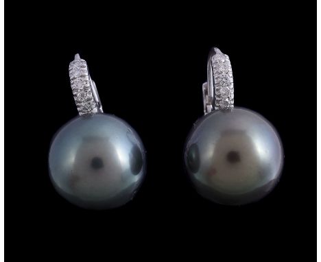  A pair of Tahitian cultured pearl earrings,   the 1.4cm Tahitian cultured pearls set below a brilliant cut diamond surmount,