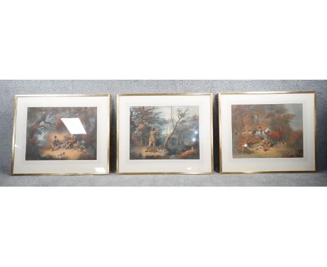 Three large framed and glazed antique hand coloured engravings of various hunting scenes. H.65 W.75 